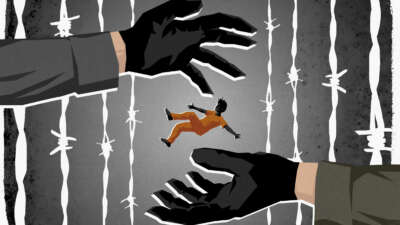 Illustration shows an incarcerated person being tossed from one giant hand onto another with barbed wire in the background.